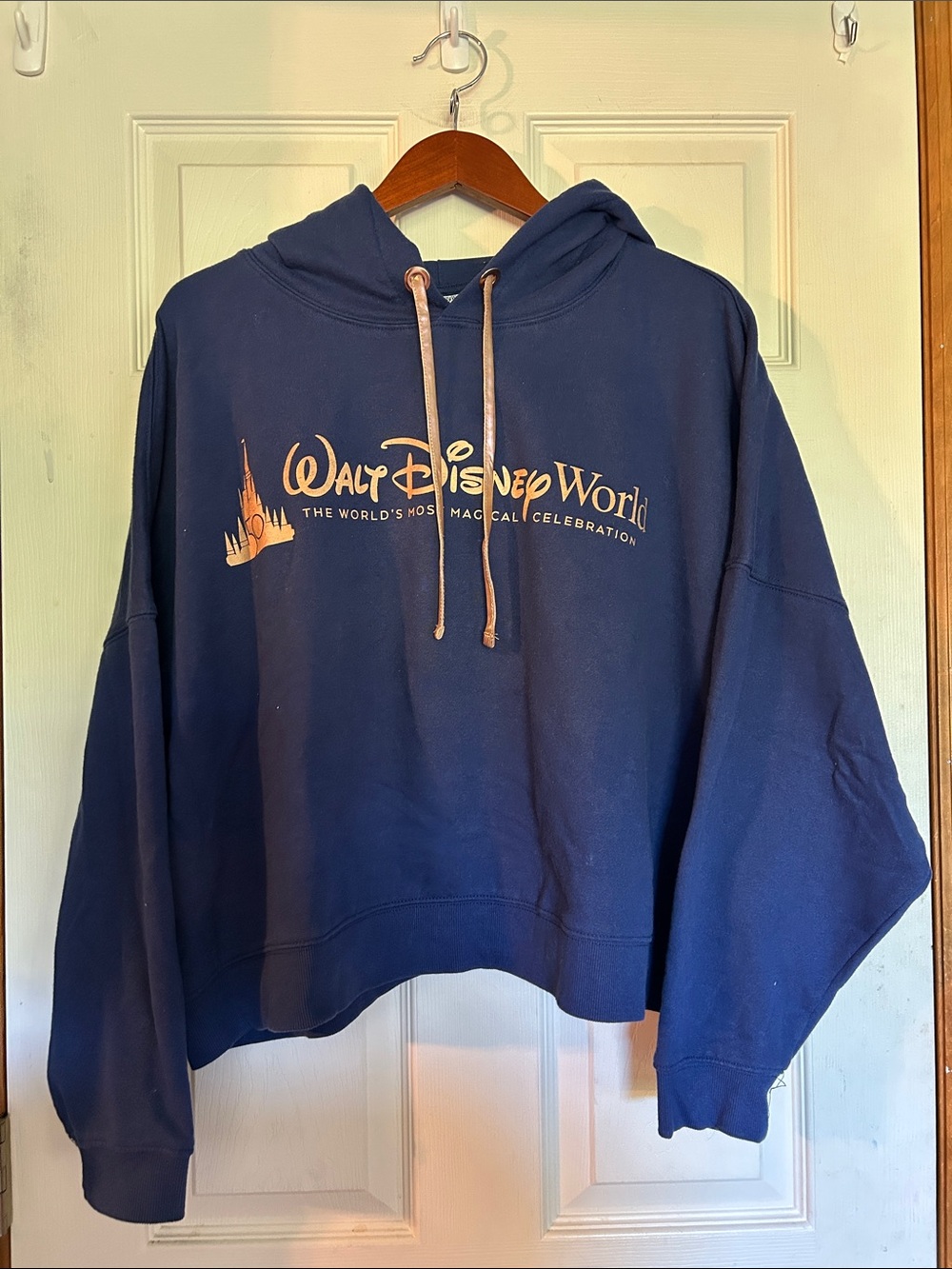 Disney Navy Cropped Hoodie with Gold Walt Disney 50th Anniversary Logo